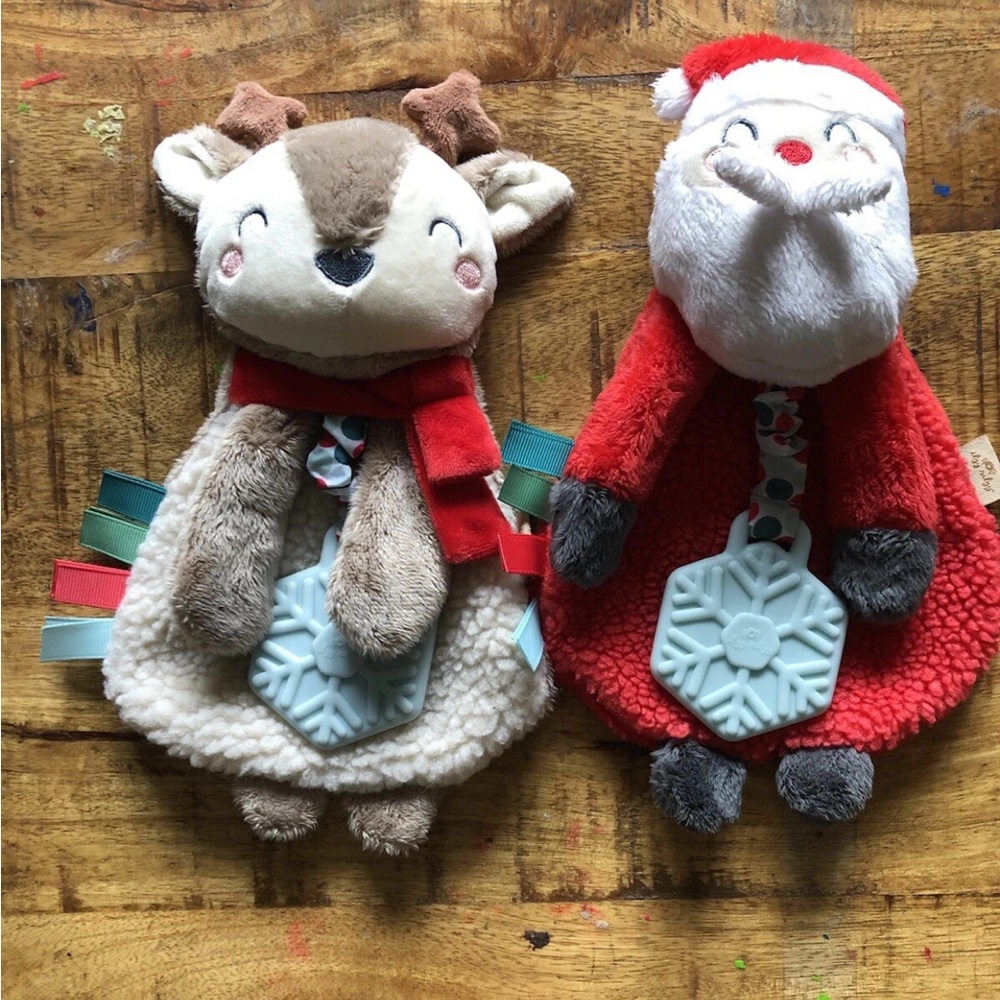 Itzy Ritzy Santa and Rudolph Lovey Plush Teether Crinkle Toy Ribbon Tags